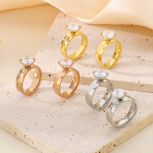 Set of 6 minimalist 18K gold-plated titanium steel rings with round cubic zirconia stones