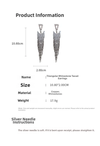 Detail view of rhinestone triangle tassel earrings with dimensions 10.8x2.0cm
