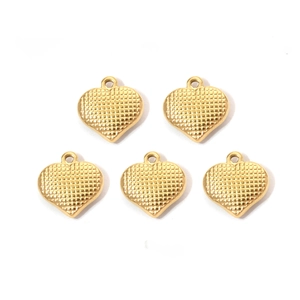 Golden heart-shaped stainless steel pendants with textured grid pattern and loop