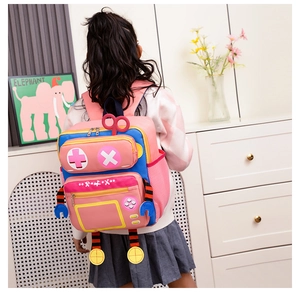 Robot cartoon backpack for kids featuring pink blue yellow patchwork and dual straps