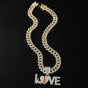 Hip Hop Love Letter Pendant Necklace Alloy Full Rhinestone Broken Heart Design Cuban Link Chain For Men Women Fashion Jewelry