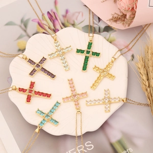 Cross Pendant Necklace Copper Zircon Colorful Hip Hop Fashion Jewelry For Women Stainless Steel Chain Electroplated