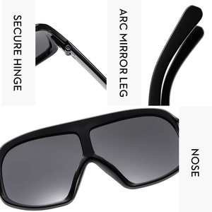Detail view of large frame sunglasses showing secure hinges, arc legs and integrated nose pads