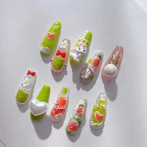 Handmade 3D relief press-on nails with strawberry, white rabbit and pearl heart designs