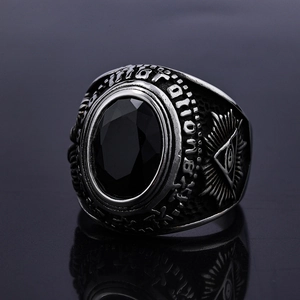 Vintage stainless steel Eye of Horus ring for men with black gemstone and engraved details