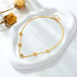 Gold-plated stainless steel tree of life necklace with crystals on a snake chain