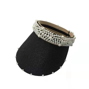 Women's black straw sun visor with elegant white pearl trim and open top design