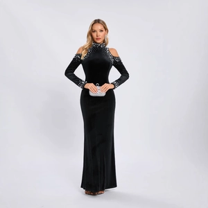 Elegant black velvet long sleeve dress with cold shoulder and pearl diamond beadwork