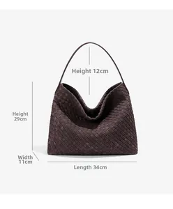 Detailed size guide of a dark brown hand-woven leather tote bag with precise measurements