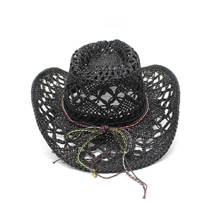 Close-up of black straw cowboy hat featuring breathable mesh weave and colorful ribbon bow