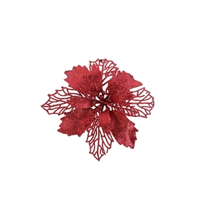 Close-up of red glitter Christmas flower with hollowed mesh petals for tree decoration