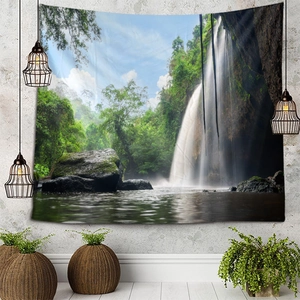 Scenic nature tapestry with tropical waterfall print for home wall decoration