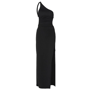 Elegant one-shoulder black long dress with ruched waist and sexy high slit detail