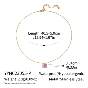 Detail showing square pink zircon pendant on gold-plated stainless steel chain with dimensions