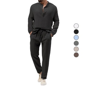 Men's cotton linen two-piece set featuring long sleeve Henley shirt and drawstring pants