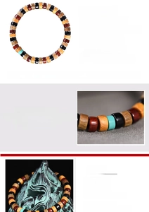 Macro detail of multi-material wooden beads and turquoise on a 7x4mm ethnic bracelet