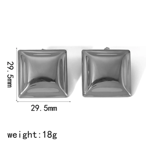 Detail view of 29.5mm square stainless steel stud earrings with weight and size specs