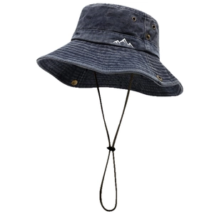 Navy blue washed cotton outdoor bucket hat with mountain embroidery and chin strap