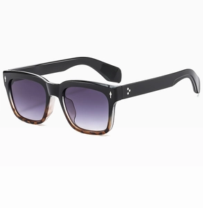 Detail of square gradient frame sunglasses with silver metallic accents and UV400 lenses