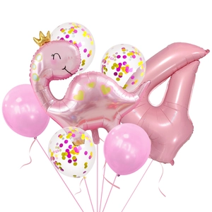 Pink crown dinosaur balloon set with number 4 for girls birthday party decoration