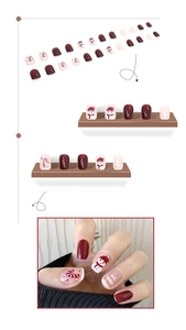 Detail of Christmas press-on nails featuring cute snowmen and festive candy cane patterns