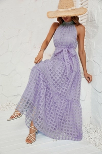 Detail of purple plaid halter maxi dress with waist belt and elegant ruffled texture