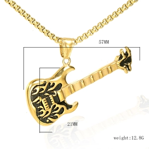 Golden guitar pendant necklace with box chain showing 57mm length and 12.8g weight specs