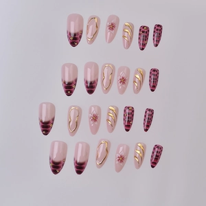 French Y2K press-on nails set with crocodile pattern, 3D gold lines, and floral art