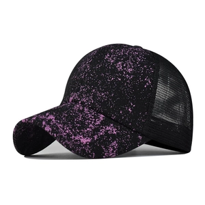 Black ponytail baseball cap with purple marble print and breathable mesh back