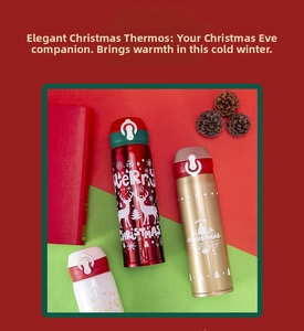 Close-up of Christmas themed stainless steel vacuum flask with a push-button flip lid