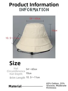 Detail view of fisherman hat with UPF50+ coating, size specs, and windproof strap