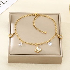 Golden stainless steel butterfly anklet with sparkling crystal droplets for women