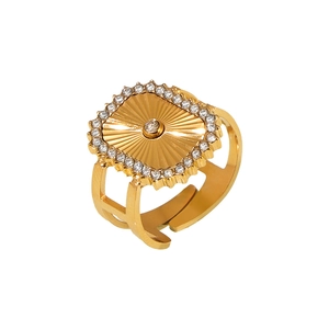 Bague réglable en acier inoxydable plaqué or 18K avec motif soleil et zircons cubiques