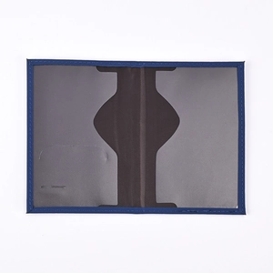 Close-up of dark blue PU leather passport holder interior with grey card slots and stitching