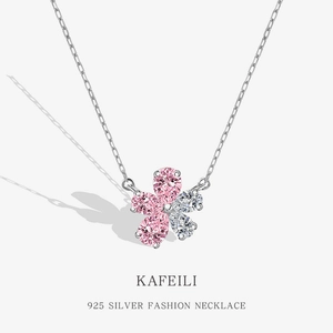 Cherry Blossom Flower Pendant Necklace 925 Sterling Silver With Pink White Cubic Zirconia Sweet Elegant Jewelry For Women