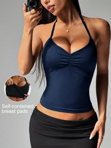 Damen Neckholder Top in Blau mit integrierten Brustpolstern und schmaler Passform