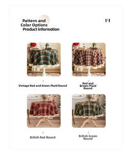 Close-up of circular Christmas plaid tablecloth with tassel edges in four colors