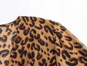 Detail of French vintage leopard print dress showing V-neckline and chiffon fabric texture