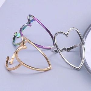 Adjustable heart-shaped open rings in gold, silver, and rainbow stainless steel finishes