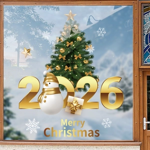 Christmas 2026 static window sticker with golden snowman and decorated tree for shop decor