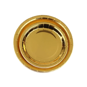 Golden disposable paper plates set for party decoration with metallic foil finish