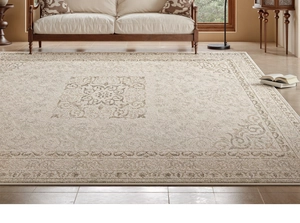 Close-up of beige rectangular rug with vintage French floral patterns in a luxury living room