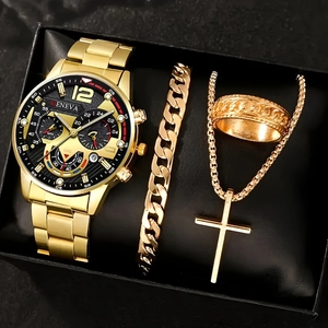 Men's business watch set with cross necklace bracelet and ring in golden finish