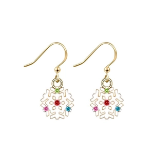 Detailed view of gold snowflake earrings with colorful crystals and ear hook design