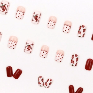 Short square strawberry press-on nails with red grid and pink polka dot patterns
