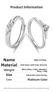 Detailed specs of adjustable S925 silver couple rings with cubic zirconia inlay