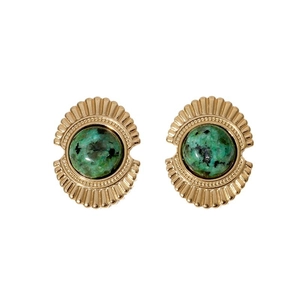 Retro 18K gold plated stainless steel stud earrings with green natural stone inlays