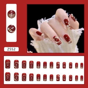 Sparkly wine red press-on nails with gold glitter and pearl accents, 24-piece full set