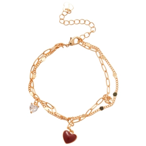 Double-layered gold bracelet with red heart, zircon heart and butterfly charms