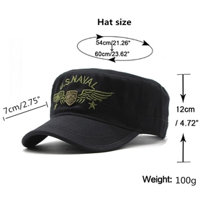 Black cotton U.S. Naval military cap with size measurements and embroidery details